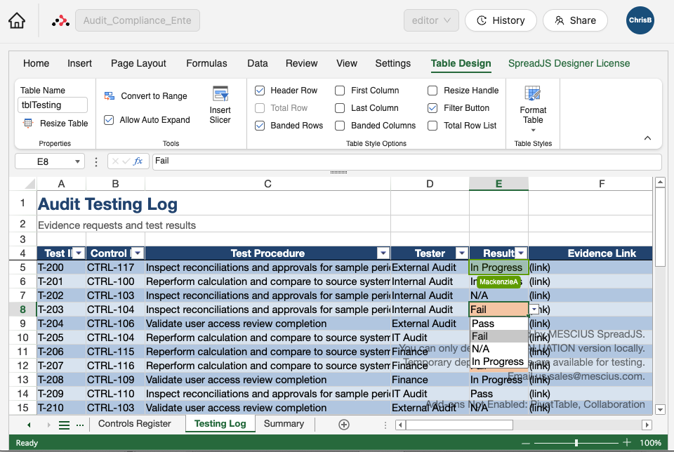 Collaboration in Audit and Compliance Workbook using SpreadJS