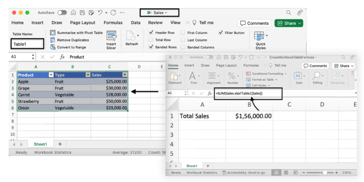 Referencing external Excel workbooks with Table formula using C#