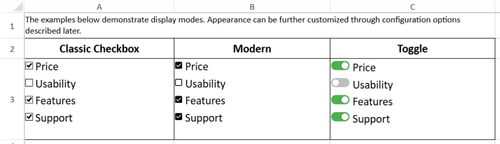 JavaScript Spreadsheet UI/UX for Excel-Like Checkboxes