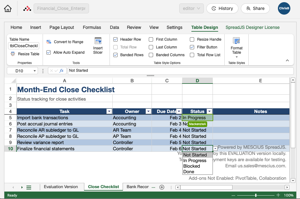 Collaboration in Financial Close Workbook using SpreadJS