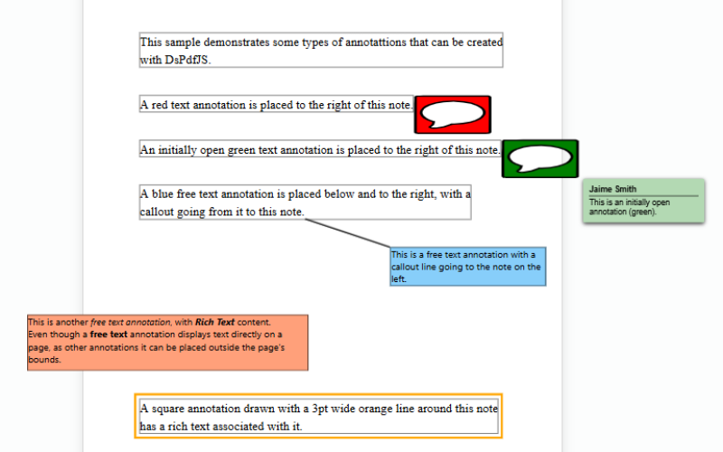 JavaScript developers can add comments, markup, links, attachments, shapes, stamps, multimedia, watermarks, widgets, and redaction markers to PDF documents