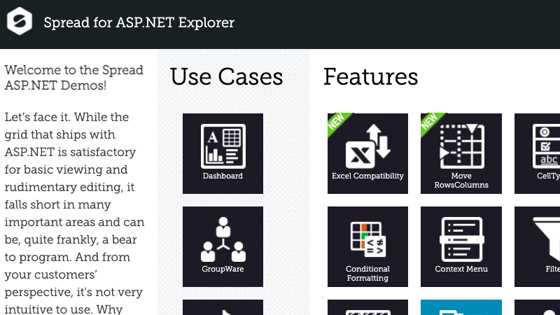 .NET Spreadsheet ASP.NET Demos Explorer