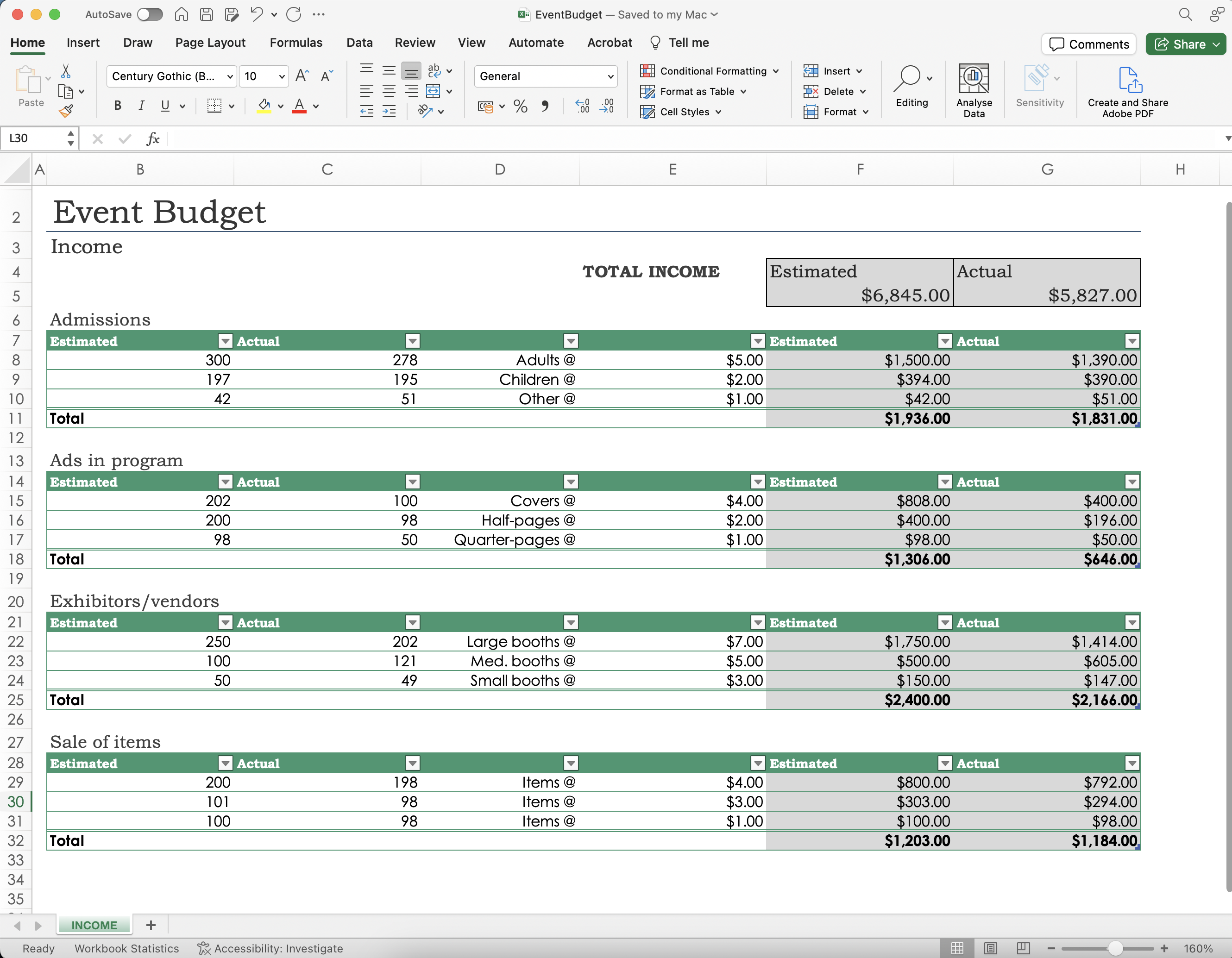 Excel after being programmatically styled and formatted using Java Excel Spreadsheet API