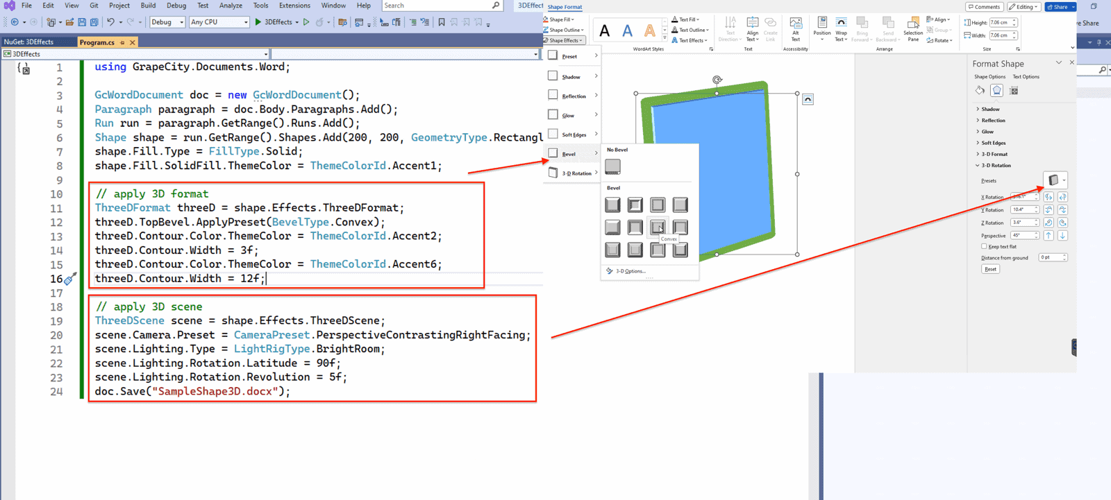 3-D Rotation settings applied to graphics is programmatically generated word documents