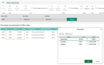 JavaScript Report Spreadsheet Parameters