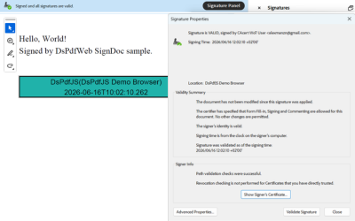 Digitally sign and verify PDF documents in JavaScript