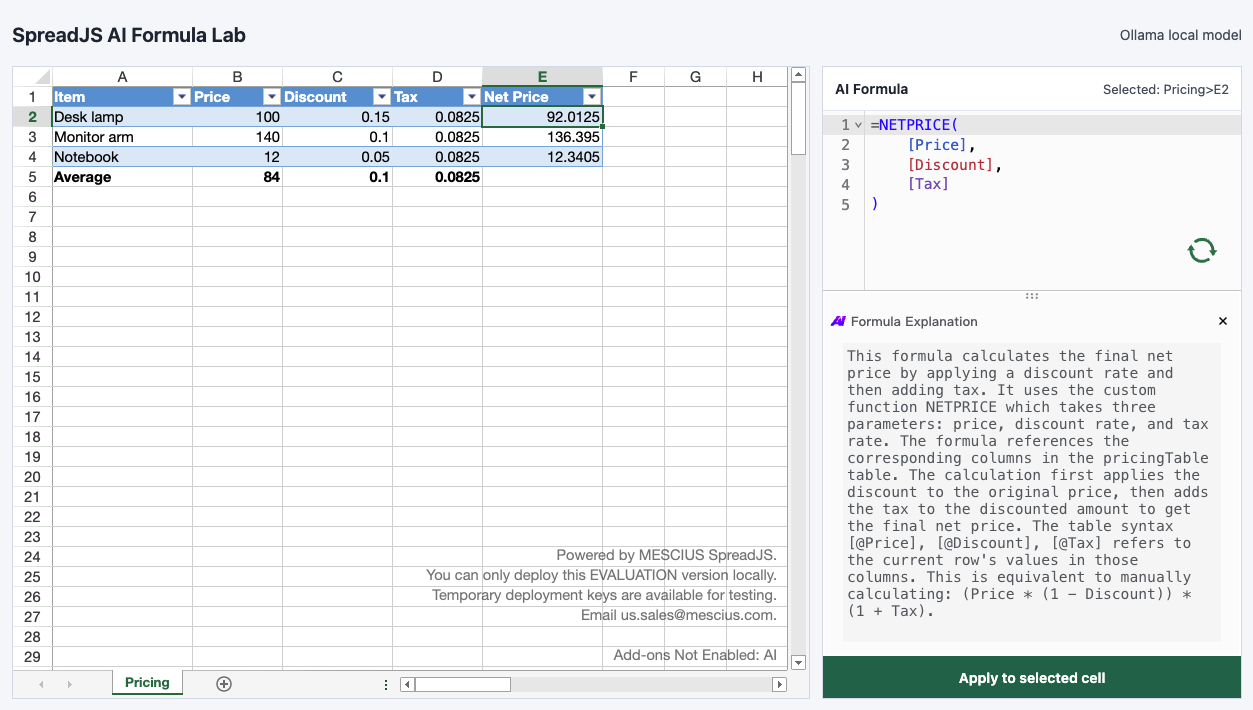 AI Assistant explaining custom NETPRICE formula