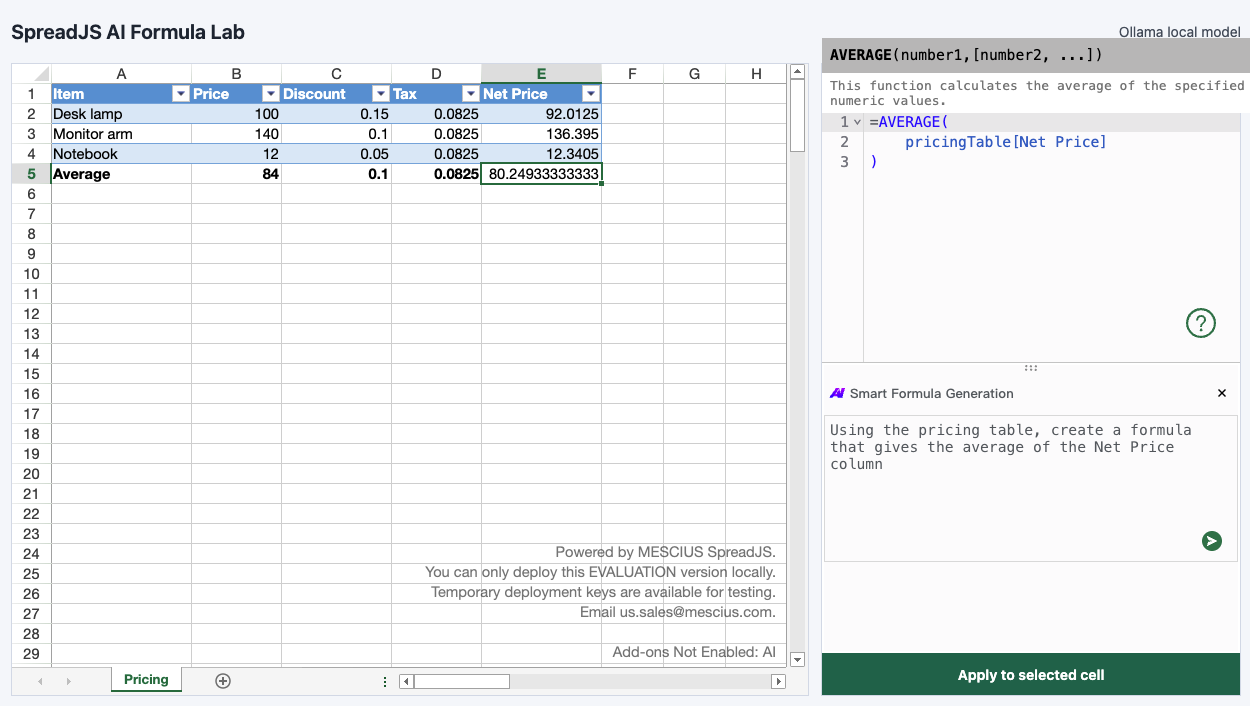 AI Assistant generating built-in AVERAGE formula