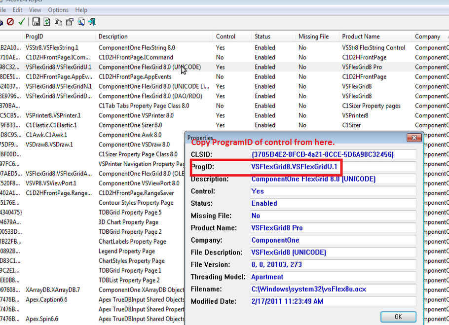 An image showing where to get the ProgramID of control values from the axhelper.exe utility