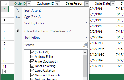 WinForms Spreadsheet Sorting and Filtering