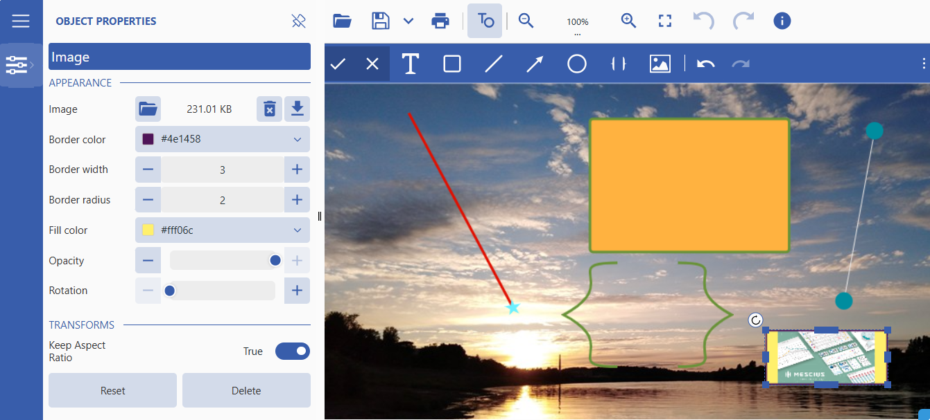 JavaScript Image Viewer Text and Object tool - quickly insert and customize shapes, text, and images.