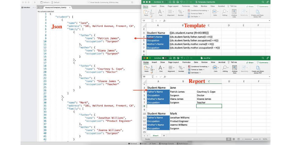JsonDataSource bound to Report Templates using GrapeCity Documents for Excel .NET v5.1